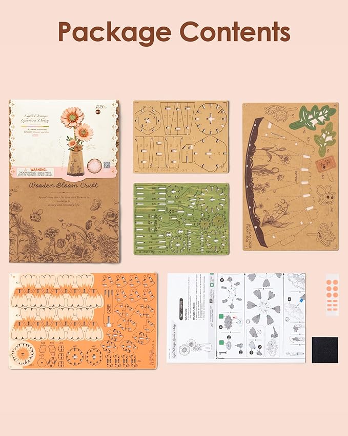 rowood 3D Puzzles for Adults,DIY Wooden Flower Building Craft Kits for Women,Christmas/Birthday Gift- Orange Gerbera Daisy