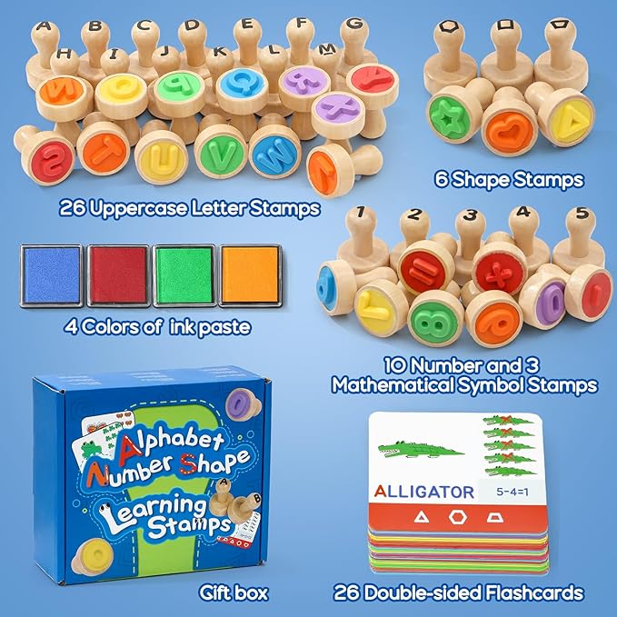 Atoylink Wooden Alphabet Number Stamps for Kids with Ink Pads, ABC Spell Learning Toys 26 Letter Stamps & Flash Cards, Preschool Educational Toy Gifts for 3 4 5 Year Old Boys Girls