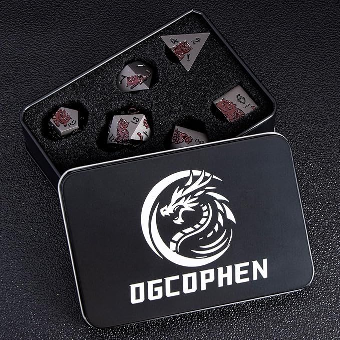 Metal DND Cat Dice 7PCS Polyhedral RPG Dice Set with Gift Case for Dungeons Dragons Role Playing Game, D and D Dice D6 D8 D10 D12 D20 D% (Grey Red)