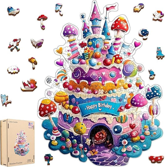 Wooden Puzzles for Adults, Birthday Cake Castle Puzzles 448 Pieces, Unique Shaped Mushroom Jigsaw Puzzles for Adults and Kids, Birthday Gifts Fun Challenge Family Game 16.9'' x 12.8''