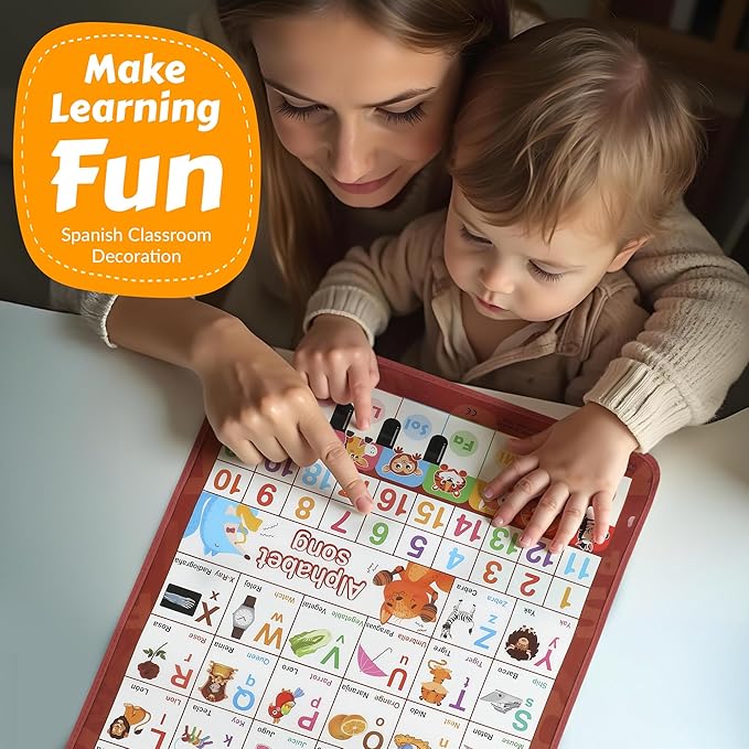 Bilingual English & Spanish Learning Interactive Alphabet Wallchart - Includes Talking ABC, 123s & Music Poster - Educational Kids Learning Toy, Educational Gift for 3+ Years Old Girls & Boys