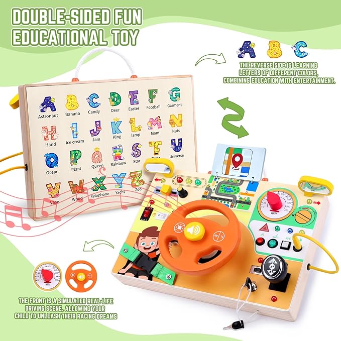 Toddler Toys Montessori Busy Board for 1+ Year Old Boys & Girls Steering Wheel Driving Simulation Toy Travel Activities for Toddlers 1 2 3 4+ Year Old Sensory Toys