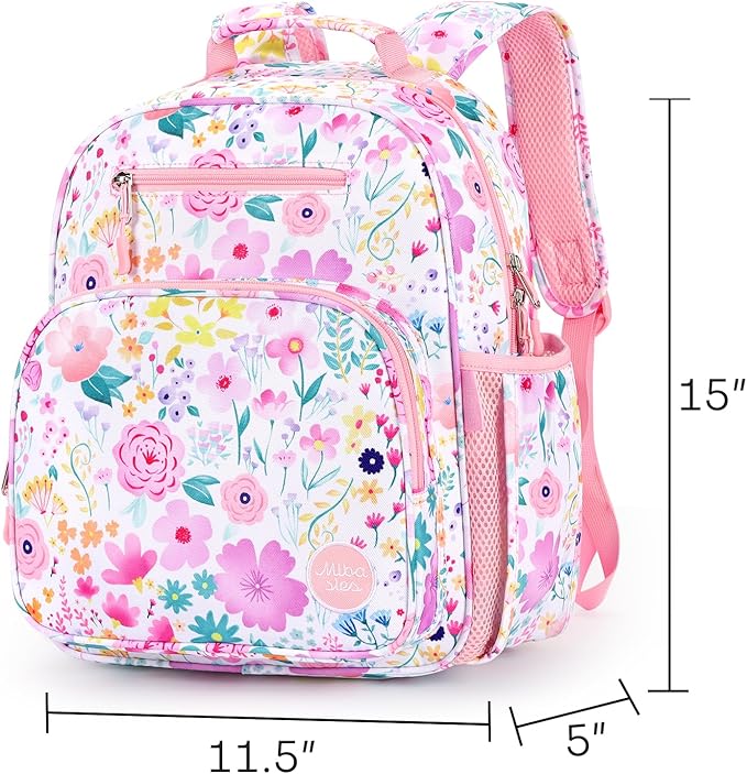 mibasies Kids Backpack for Girls: Girls Backpack 5-8 - Kindergarten Elementary School Bookbag for Girl - Flower Pink