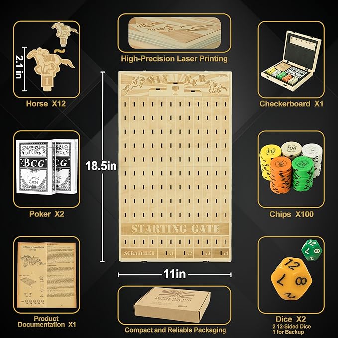 Horse Race Board Game, Foldable Horse Racing Game with 100 Chips, 12 Laser Wooden Horses, 2 D12 & 2 Cards, Thickened Solid Wood Horse Game Set Classic Board Games for Family Nights Party Gifts