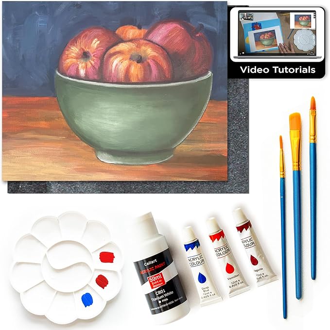 Painting4Real DIY Painting Class Kit for Adults with Video Tutorials: Learn to Paint Apple Bowl – How to Paint with Acrylics – Painting & Art Supplies – 9 Piece Acrylic Paint Set
