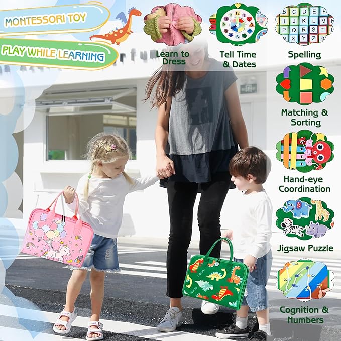 Esjay Toddler Busy Board Montessori Toys for Boys and Girls, Sensory Board Educational Activities for Learning Fine Motor Skills, Birthday Gifts Toddlers, Travel Toys for Airplane Car, Green Dinosaur