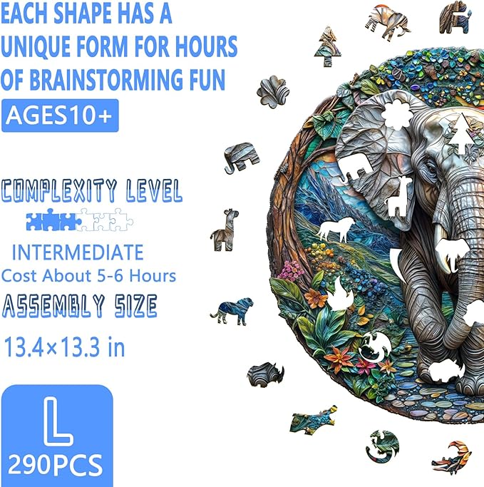 Wooden Puzzles for Adults, Forest Elephant Wooden Jigsaw Puzzle for Adults, Wood Puzzles Adult, Unique Animal Shape, Gifts for Friends and Family, Wall Art Canvas Puzzle (L -13.4 * 13.3in -290 pcs)