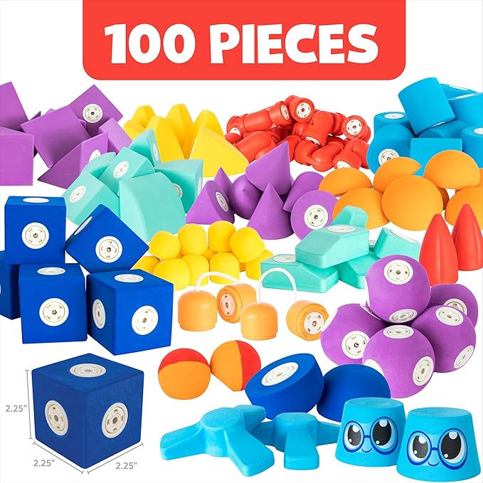 Magnetic Foam Building Blocks - 100-Piece Set with Storage Chest, Bath Toys for Toddlers, Preschool Toys, Bathtub Toys, Sensory Toys, Blocks for Toddlers 3-5, Engineering Toys for Kids 3-5