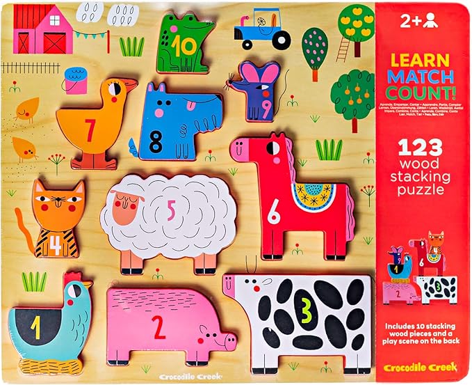 Crocodile Creek Wooden Stacking Puzzle, 10 Chunky Animal Pieces and Two-Sided Base with Play Scene for Kids Ages 2 Years and Up, 11.75 inches, 123 Barnyard