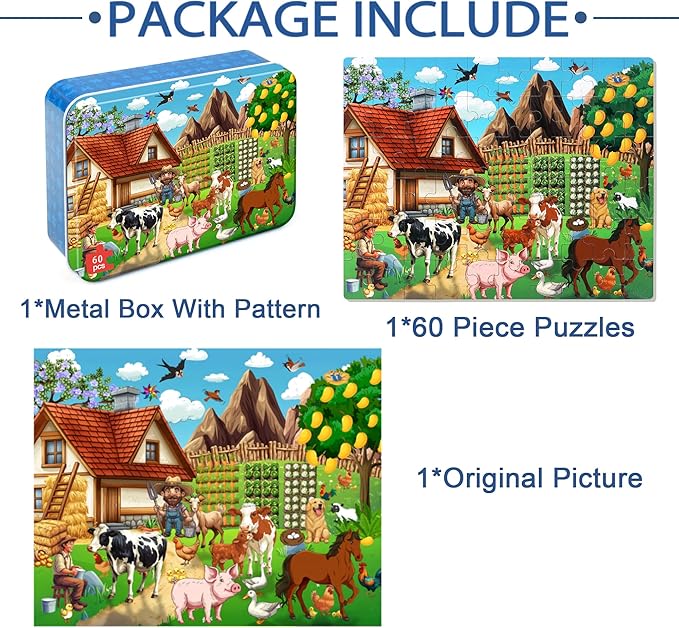 LELEMON Puzzles for Kids Ages 4-6, Farm 60 Piece Puzzles for Kids in a Metal Box, Educational Jigsaw Puzzles Childrens Puzzle Games Puzzle Toys for Girls and Boys