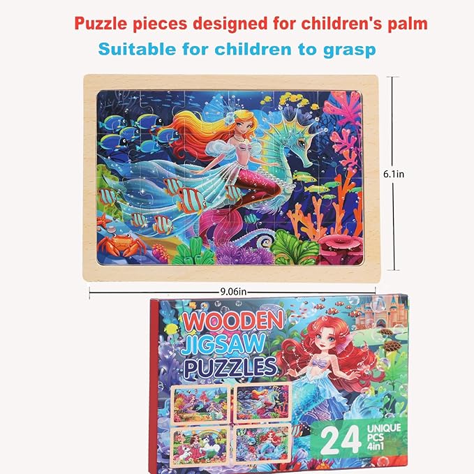 Wooden Puzzles for Kids Ages 4-6, 4 Packs 24 PCs Unicorn Mermaid Princess Fairy Jigsaw Puzzles, Preschool Educational Brain Teaser Toys for Girls 3 4 5 6 Years Old