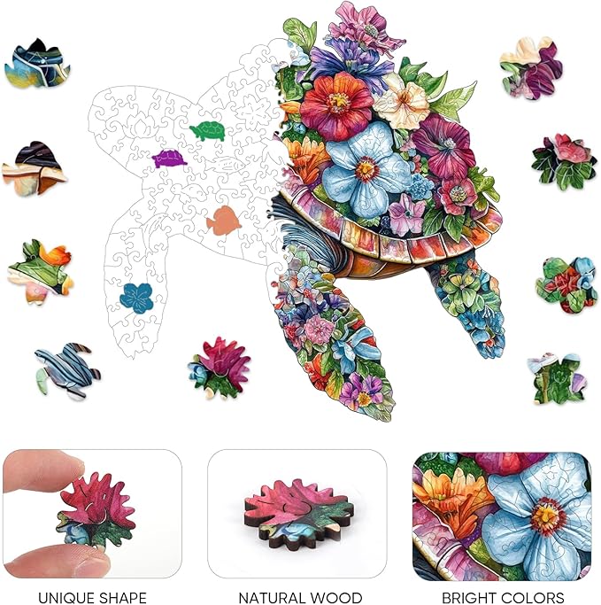 Wooden Puzzles for Adults, Flower Sea Turtle Wooden Puzzles, Unique Animal Shaped Jigsaw Puzzle for Adults and Kids,Family Puzzles Games, Party Gifts, 200 Pieces 11.3 * 11.4in