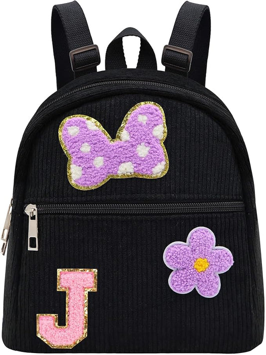 2 3 4 5 6 Year Old Girl Gifts Chenille Initial Mouse Bow Mini Backpack, Corduroy Toddler Backpacks Christmas Birthday Gifts for Girls 2-4 5-6, Black Mini Diaper Bag Must Haves for Park Travel Letter J
