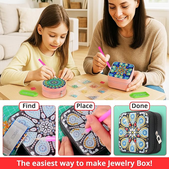 Diamond Art Jewelry Boxes Kits for Adults with Painting Accessories Gem Tools Crystral dots Paint Craft for Girl Women Kids Teen Gifts Mandral (Pink)