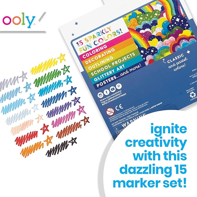 Ooly Rainbow Sparkle Glitter Markers Set of 15, Includes 5 Pastel & 10 Classic Color Markers, Glittery & Sparkling Marker for Kids, 2mm Nib for Medium Sized Lines - GLITTER VARIETY PACK