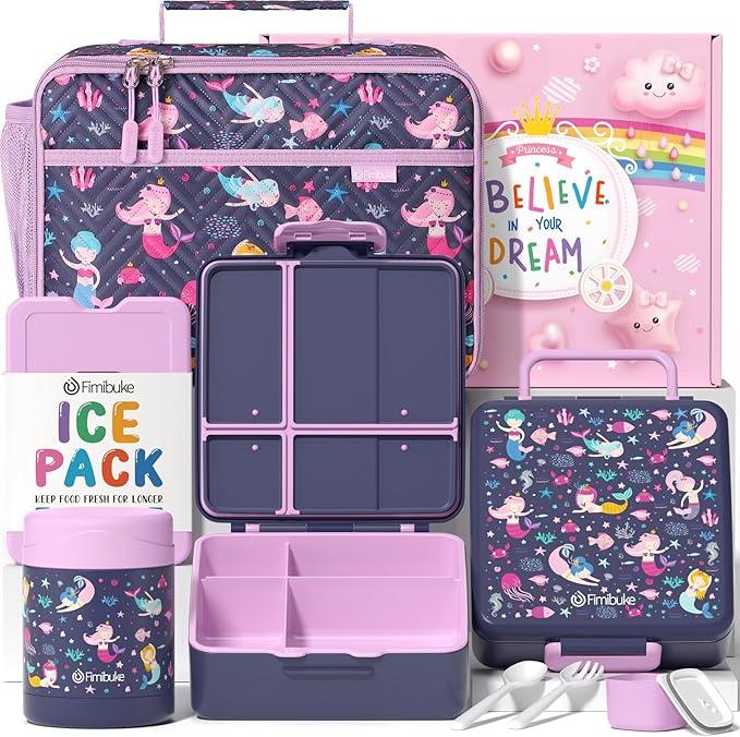 Fimibuke Kids Bento Snack Lunch Box with 4 Compartment, Insulated lunch Bag, Stainless Steel Vacuum Thermos Food Jar, Ice Pack, Utensils Set, Birthday Gift for Age 3-12 Back to School Toddler Girl Boy