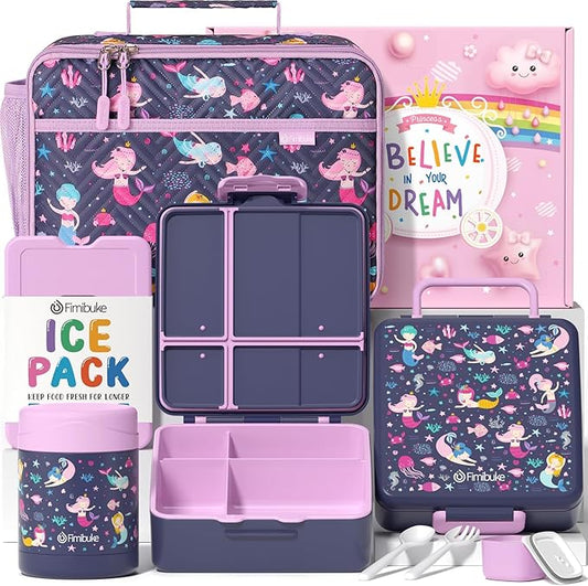 Fimibuke Kids Bento Snack Lunch Box with 4 Compartment, Insulated lunch Bag, Stainless Steel Vacuum Thermos Food Jar, Ice Pack, Utensils Set, Birthday Gift for Age 3-12 Back to School Toddler Girl Boy