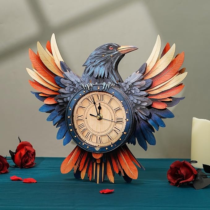 KAAYEE 3D Puzzle for Adult, Wooden Raven Pendulum Clock Mechanical Model Kit, 34 PCS DIY Vintage Wall Clock Building Kit, Creative Craft Gift for Birthday Home Decor (Battery Not Included)