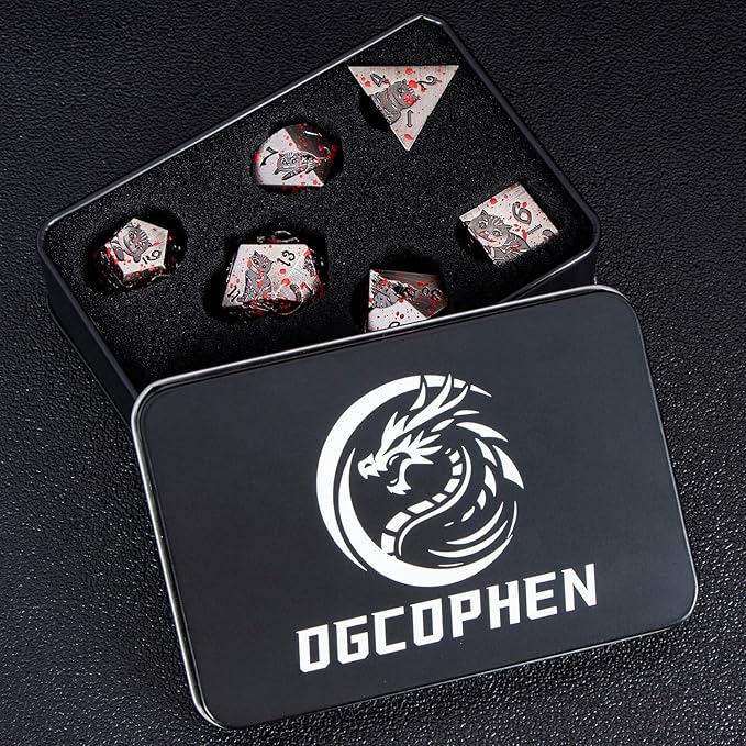 Metal DND Cat Dice Polyhedral RPG Dice Set with Gift Case for Dungeons Dragons Role Playing Game, 7PCS D and D Dice D6 D8 D10 D12 D20 D% (Blood)