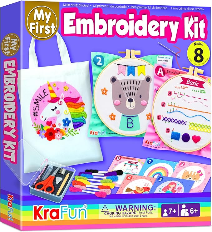 KRAFUN My First Embroidery Kit for Beginners Kids and Teenagers Simple Embroidery Patterns, Hand Embroidery Kit Includes Hoop, Cloth, Instructions for Stitches, Beginner Arts Craft Kit for Adults