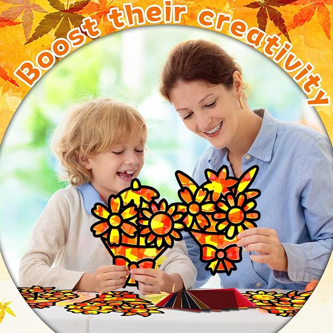 32 Sets Fall Bouquet Suncatchers Craft Kit DIY Window Stained Glass Effect Autumn Bouquet Paper Crafts Home School Classroom Decoration Kid Birthday Gift Creative Art Project Activity Game