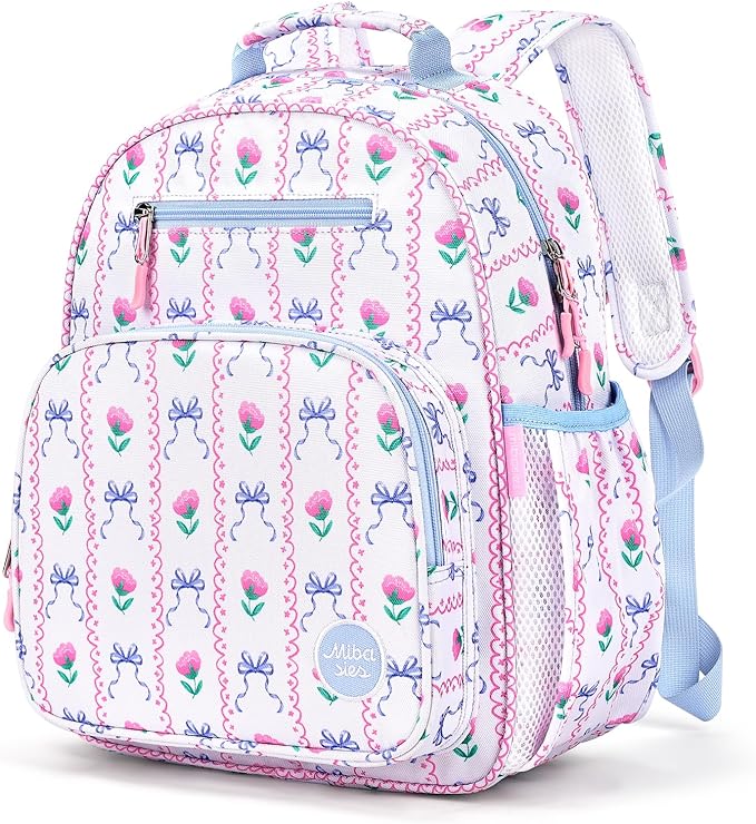 mibasies Kids Backpack for Girls: Girls Backpack 5-8 - Kindergarten Elementary School Bookbag for Girl - Bowknot Rose Sky Blue