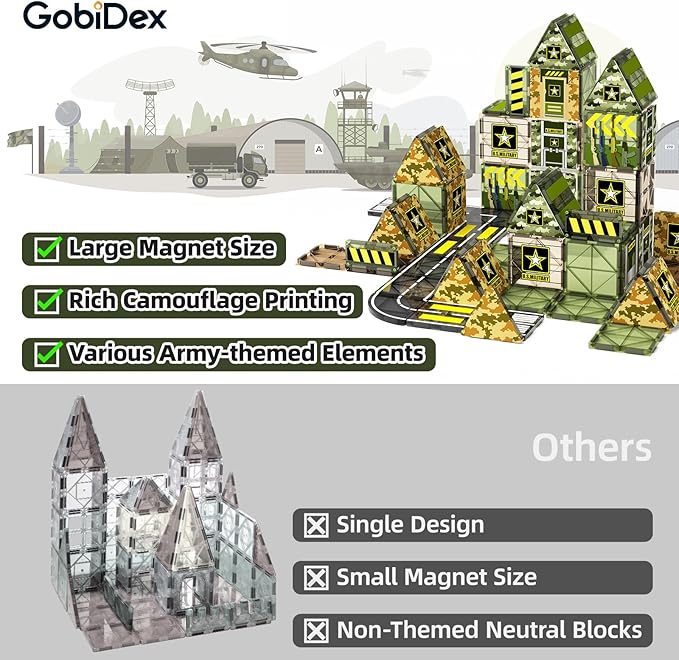 GobiDex Magnetic Tiles Army Toys, STEM Military Magnetic Building Blocks for Toddler Kids Ages 3-5 4-8, Sensory Magnet Construction Toys Birthday Gifts for 3+ Year Old Boys & Girls Army Men Playset