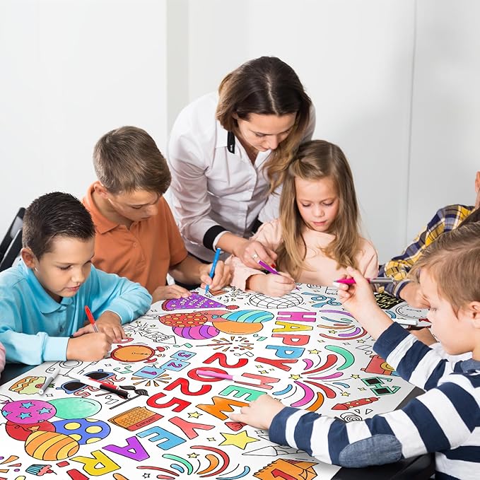 Giant Coloring Poster for Classroom Wall - Versatile 31.5 x 72 Inches Happy New Year Activity Poster/Table Cover, School Parties, Happy New Year Party and Special Events Decoration