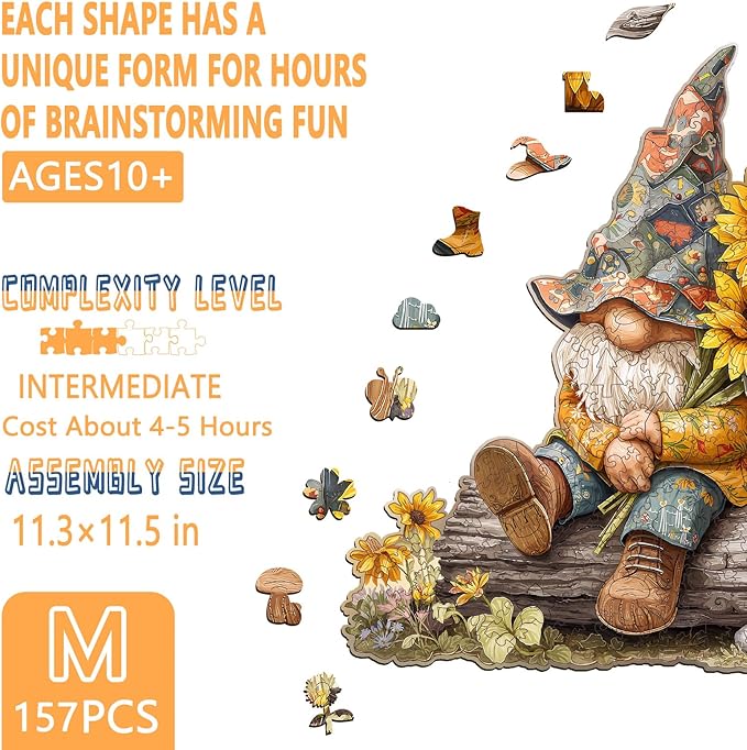 Wooden Puzzles for Adults, Sunflower Gnome Wooden Jigsaw Puzzle for Adults, Colorful Flowers Wood Puzzles Adult, Unique Shape, Fun Presents for Friends, Wall Art Home Decor(M -11.3 * 11.5in-157 pcs)