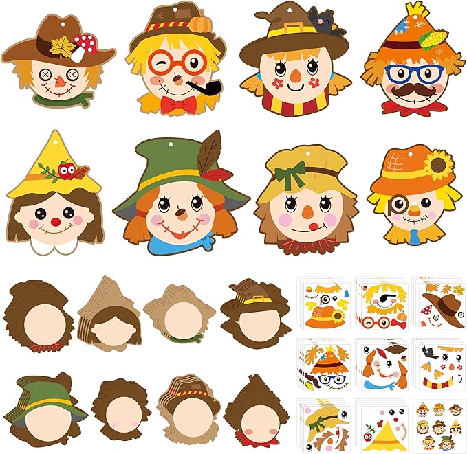 ANGOLIO Fall Thanksgiving Crafts for Kids - 123Pcs Fall Scarecrow DIY Sticker Kit Paper Art Autumn Classroom Decor, Preschool Kindergarten Art Activities, Seasonal Home Hanging Ornaments Party Favors