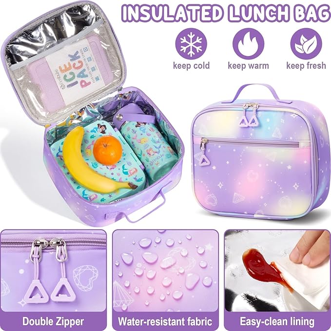 Fimibuke Kids Backpack for School Girls, 3Pcs Waterproof Girls Backpack with Lunch Box & Pencil Pouch - Lightweight Bookbag for Elementary Middle School Student Teens Ages 6+ Purple