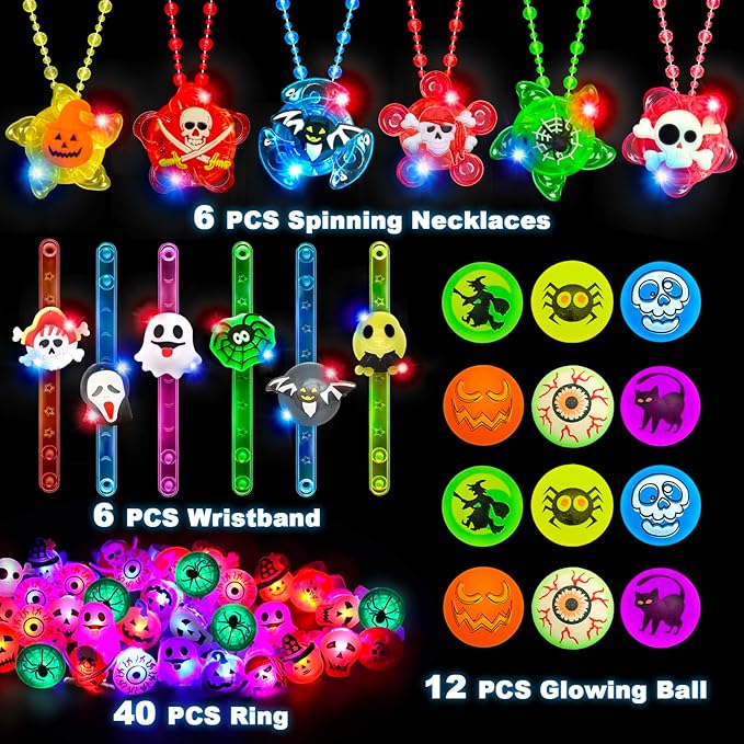 64 PCS Halloween Party Favors for Kids, Glow in The Dark Halloween Toys Bulk Light Up Ring Necklaces Bracelet Halloween Goodie Bag Fillers Stuffers Treats for Classroom Prizes Trick or Treat Gifts