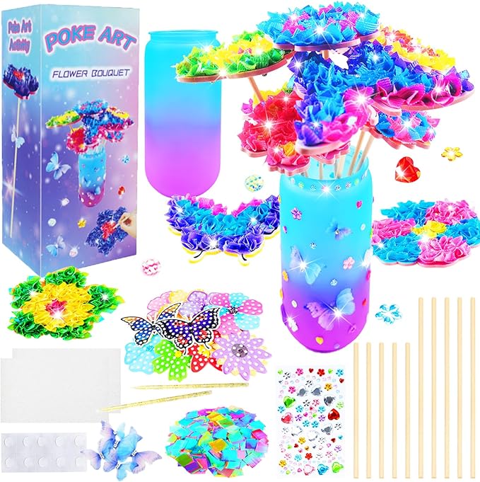 FJBICODA Poke Art Flower Bouquet Craft Kit - Arts and Crafts for Girls Ages 5-12 - Make Your Own Bouquet with 8 Flowers 2 Butterflies & 1 Vase - DIY Activities Gifts for 5 6 7 8 9 10+ Year Old Kids