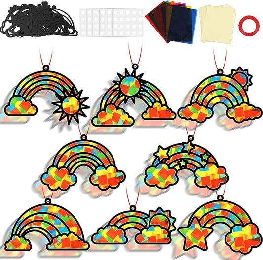 QOUBAI 32 Sets Rainbow Suncatchers Craft Kit DIY Window Stained Glass Effect Planet Rainbow Sun Paper Crafts Home School Classroom Decoration Kid Birthday Gift Creative Art Project Activity Game