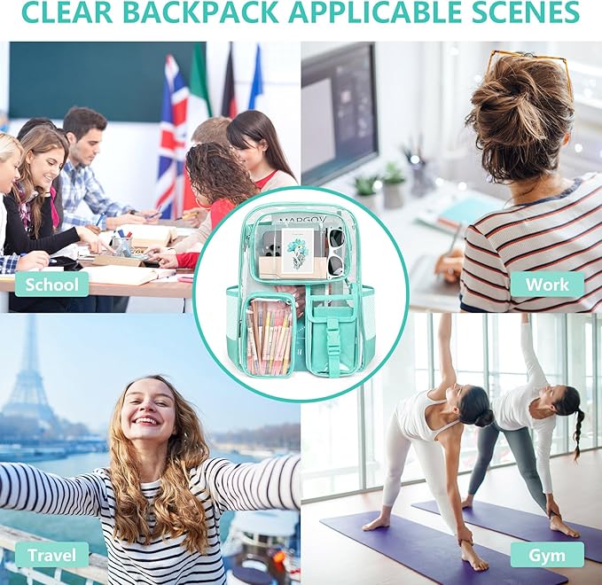 Green Clear Backpack, Heavy Duty PVC Clear Bag for Stadium Events, Transparent Backpack with Reinforced Straps & Stitches for Girls Boys, Large Capacity Bookbag for School, Travel, College, Work