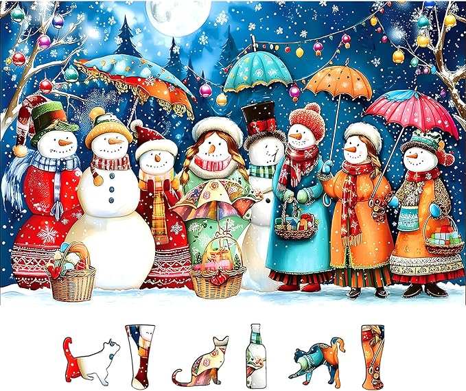 Christmas Snowman Jigsaw Puzzles for Adults 500 Pieces Winter Wonderland Night Holiday Scene with Glowing Lights Fun Family Puzzles Gift for Adults Seniors