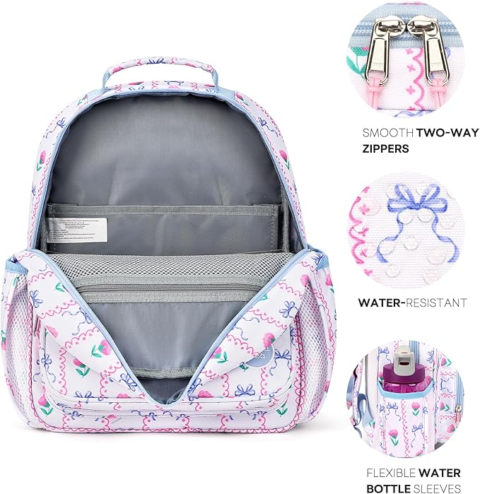 mibasies Kids Backpack for Girls: Girls Backpack 5-8 - Kindergarten Elementary School Bookbag for Girl - Bowknot Rose Sky Blue