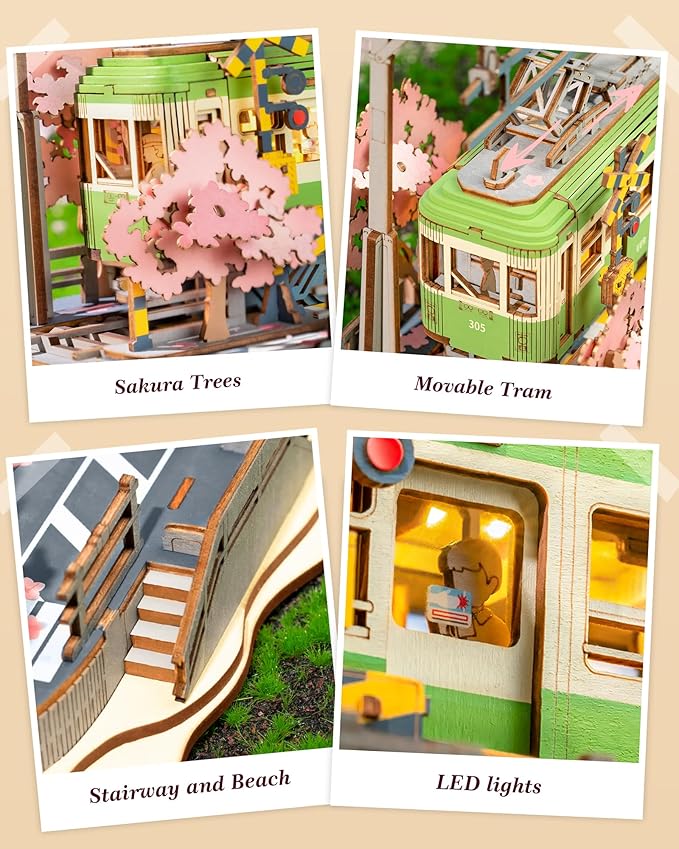 ROBOTIME 3D Puzzles for Adults DIY Model Building Toy with LED Light Wooden Craft Kits Diorama Tram Hobby for Brain Teaser Gift (Sakura Journey)