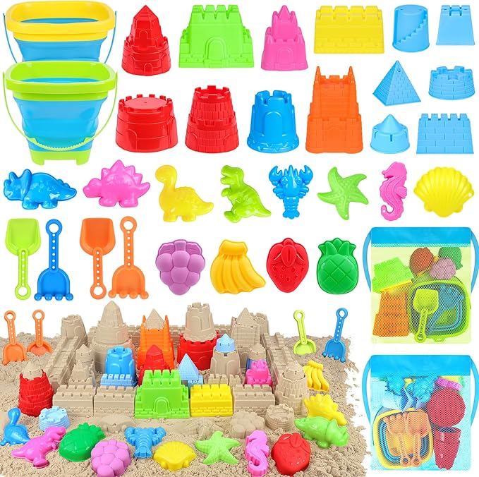 Collapsible Beach Toys Set for Kids Toddlers, Travel Sand Castle Toys for Beach with Mesh Bag & Sand Molds, Collapsible Sand Bucket and Shovel Set for Kids, Sandbox Toys for Toddlers Kids Age 3-12