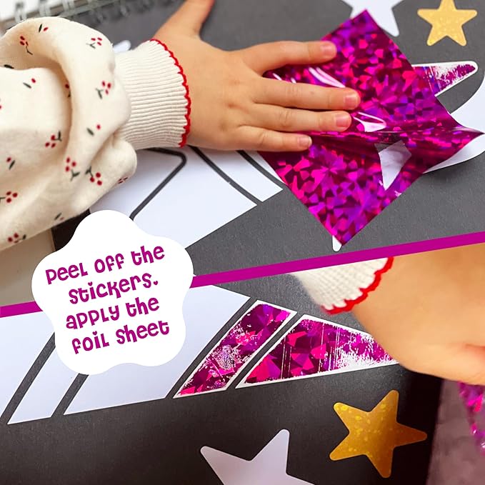 DINO MINI Foil4Fun - Foil Art for Kids - Craft Kits for Kids Ages 4-8 - Includes 16 Foil Art Pages and 16 Coloring Pages - Screen Free Birthday Gifts - Airplane Activities (Princesses & Fairies)