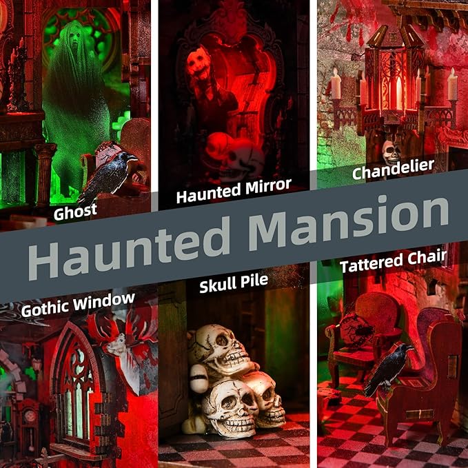 Haunted Mansion Book Nook Kit, Halloween DIY Miniature Dollhouse Kit, Miniature House Kit for Adults and Teens, Horror 3D Wooden Puzzle Bookend Bookshelf Insert Decor with LED Light