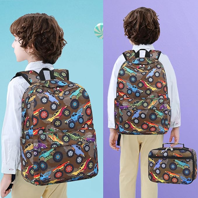 LEDAOU Kids School Backpack with Lunch Box for Boy Kindergarten BookBag School Bag Preschool Kindergarten Toddler Backpack (Off-road Vehicle Brown)