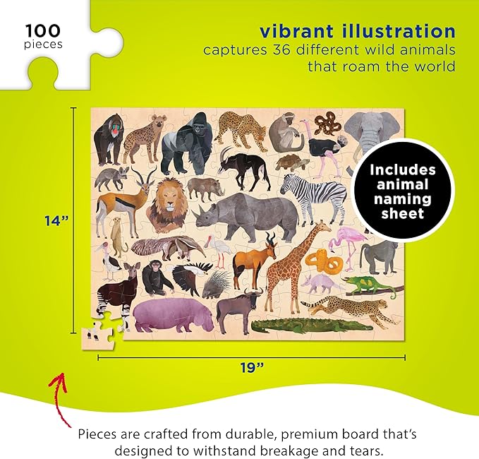 Crocodile Creek 100-Piece Jigsaw Puzzle for Kids Ages 5 and Up - Fun and Educational Table or Floor Puzzles - Storage Canister with Handle - Wild Animals - 14” x 19” Finished