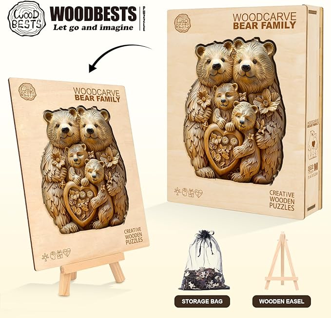 Wooden Puzzles for Adults,woodcarve Bear Family Shaped Unique Wooden Jigsaw Puzzles, Creative Ghristmas Gift for Teenagers and Adults.