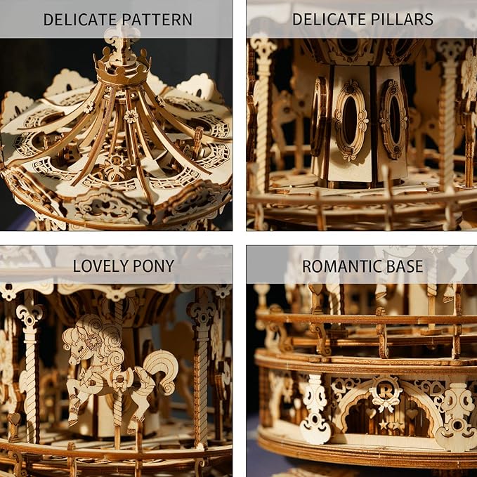 ROKR 3D Wooden Puzzle Carousel Model Building Kits Rotating 5-Horses Music Box Christmas Birthday Gift for Adults&Teens