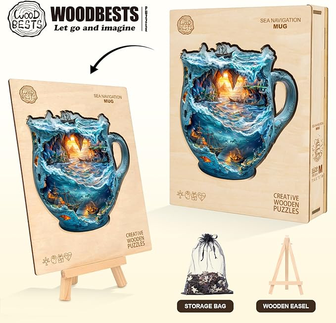 Wooden Puzzles for Adults, Wooden Jigsaw Puzzles for Adults Kids, Sea Navigation Mug Unique Shaped Wood Puzzles Adult, Creative Birthday Gifts for Friends Family Game(11.4 * 11.1in 180pcs)