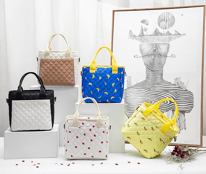 Cute Stylish Small Insulated Lunch Bag for Women Men Kids, Ultrasonic SoftTouch LunchBox for School, Office, Picnic, Durable Lunch Tote with Adjustable Strap & Dual Zippers, Black&Cream