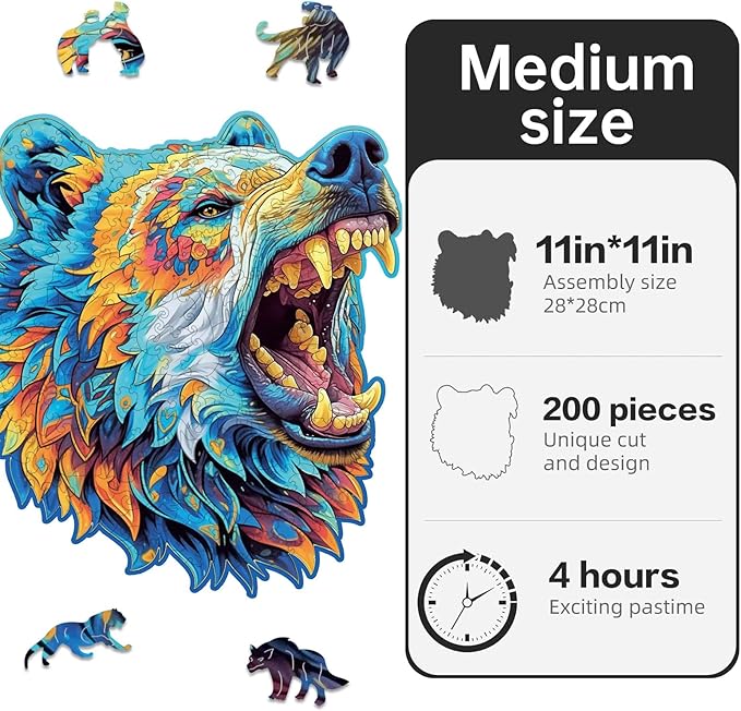 Wooden Puzzles for Adults,Bear Design Jigsaw Puzzles 200 Piece,Thanksgiving Birthday Gifts Family Game,Unique Shape Puzzle Challenge 11 x 11 Inch