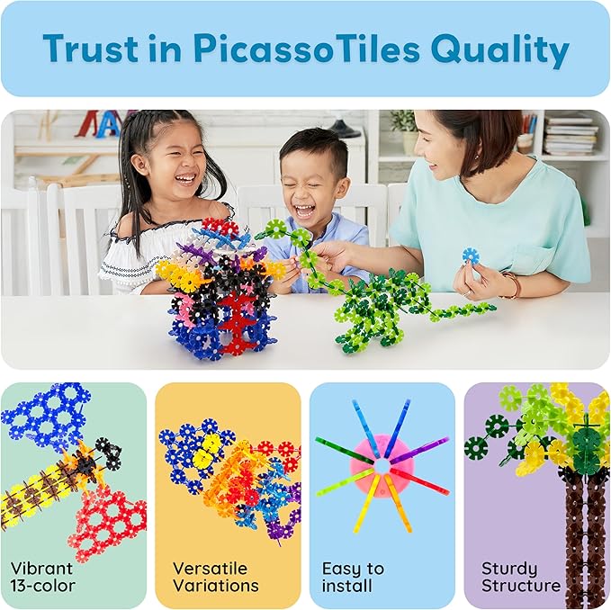 PicassoTiles Construction Building Chips Block 300 Piece Set Interlocking Plastic Disc STEM Learning Toy Creative Education Child Brain Development Play for Toddler Kids Boys Girls Ages 3 & Up PTF300