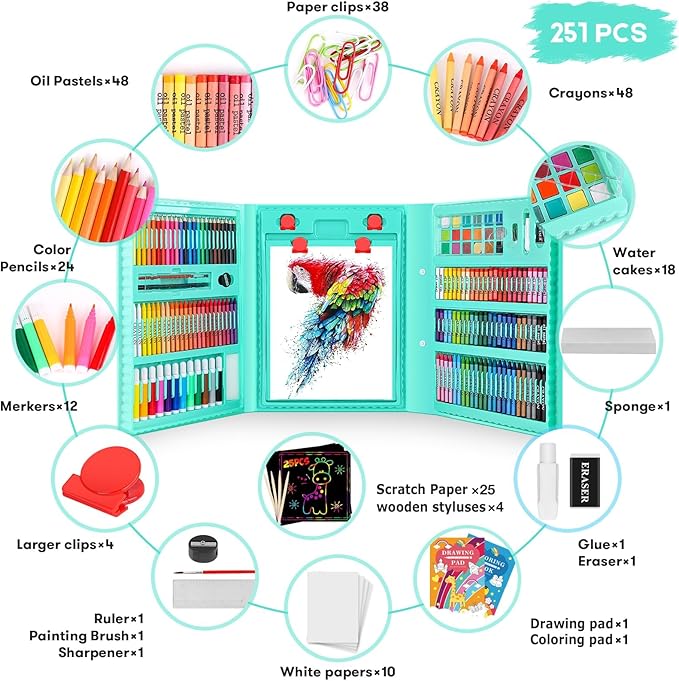 iBayam Back to School Supplies for Kids Teen Girls Boys, Art Set Case with Trifold Easel, Scratch Paper, Sketch Pad, Coloring Book, Crayons, Pencils, Oil Pastels, Watercolors, Sharpener